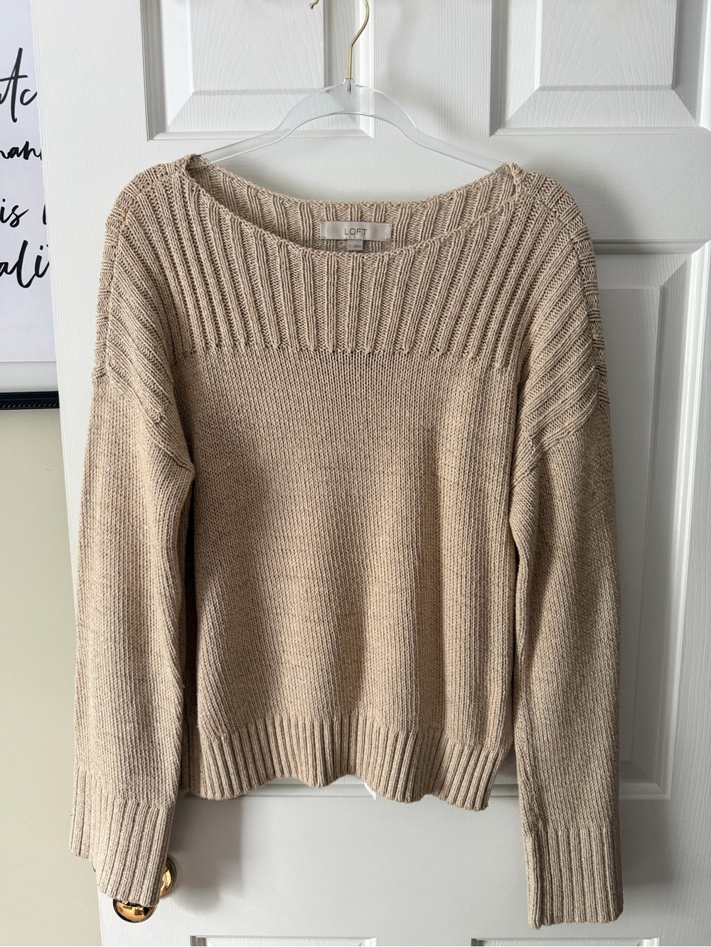 LOFT Neutral Beige Ribbed Crewneck Sweater